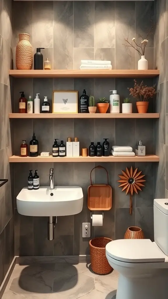 A bathroom with wooden shelves displaying toiletries and decorative items above a sink.
