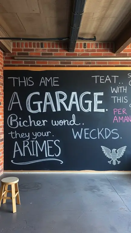 25+ Creative Garage Art Ideas to Transform Your Space 14 A chalkboard wall in a garage with playful text and a wooden stool