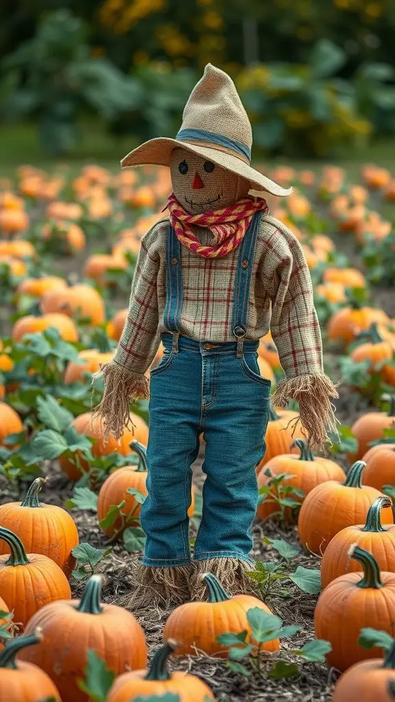 27+ Creative DIY Halloween Decorations You Can Make at Home 17 A friendly scarecrow in a plaid shirt and denim overalls standing among pumpkins in a field.