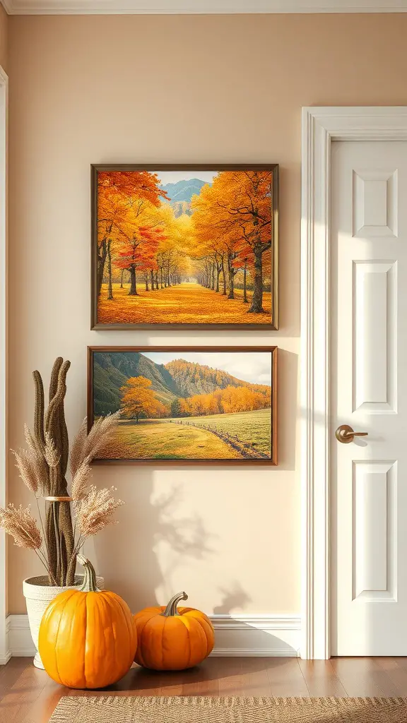 A cozy entryway featuring autumn-themed artwork and pumpkins.