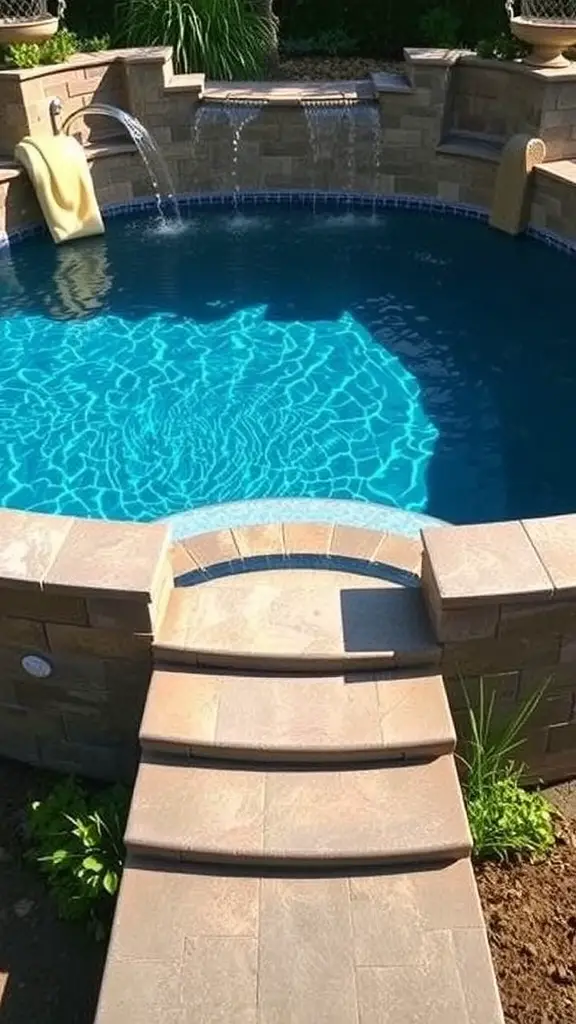 17+Creative Sunken Above Ground Pool Ideas for Your Backyard 11 Stone steps leading into a sunken above-ground pool with water features.