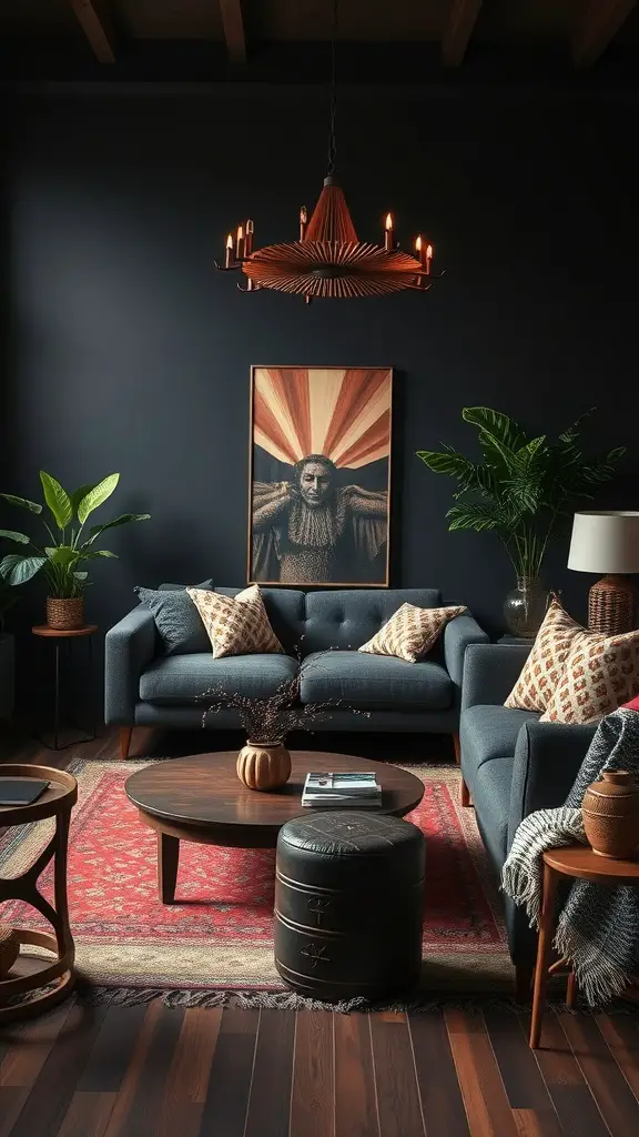 A stylish dark boho living room featuring blue sofas, a wooden coffee table, and decorative plants.