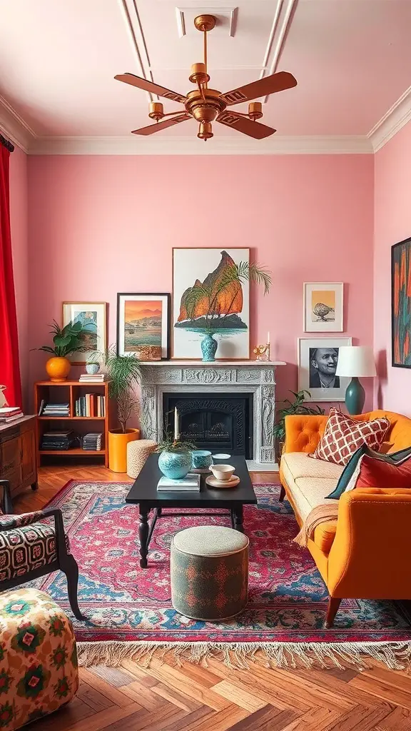 27+ Stunning Pottery Barn Living Room Ideas You’ll Love 4 A vibrant eclectic living room featuring pink walls, an orange sofa, patterned cushions, and various artworks.