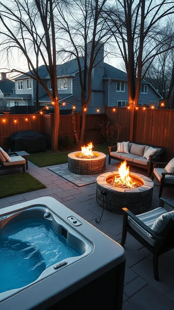 A backyard featuring a hot tub and two fire pits surrounded by seating and string lights.