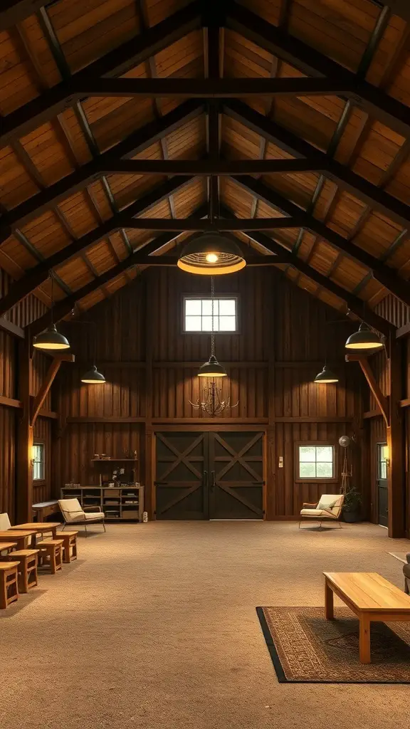 25+ Inspiring Modern Barndominium Ideas You’ll Love 13 Interior of a barndominium featuring high wooden ceilings and innovative lighting solutions.