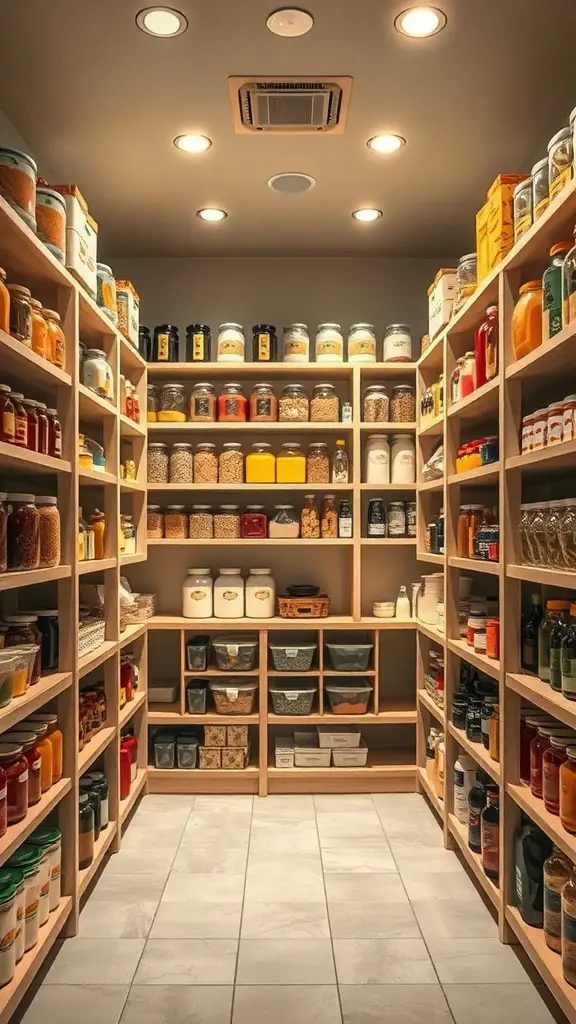 17+ Creative L Shaped Pantry Ideas for Your Kitchen 8 An organized L-shaped pantry with shelves filled with jars, containers, and various food items.