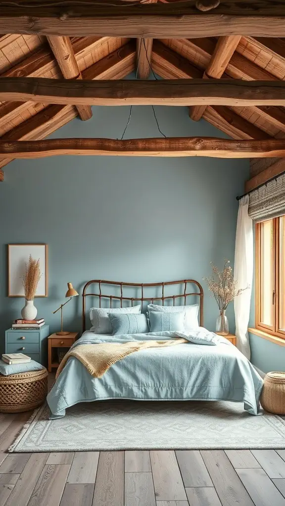 A cozy bedroom featuring light blue walls, wooden beams, and rustic decor.