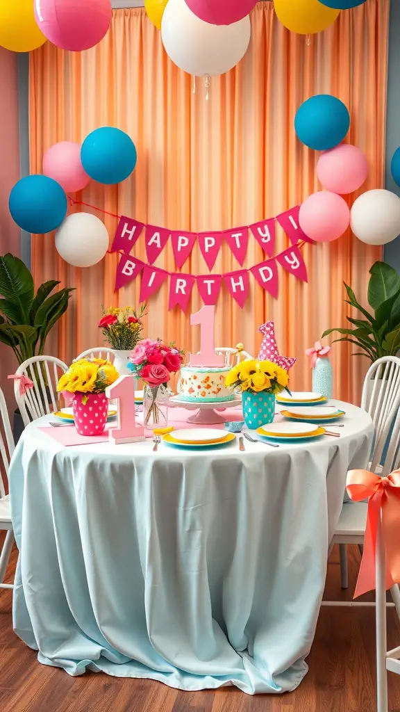 19+ Fun and Creative 1st Birthday Party Ideas for Your Little One 12 A colorful birthday table setting with flowers, a cake, and balloons for a first birthday celebration.