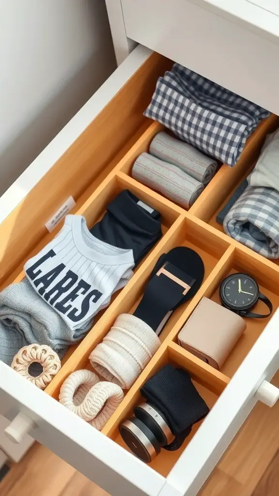 25 Creative Ideas for Dresser Organization with 15 Must-Have Items 5 Organized dresser drawer with dividers showing neatly folded clothes and accessories.