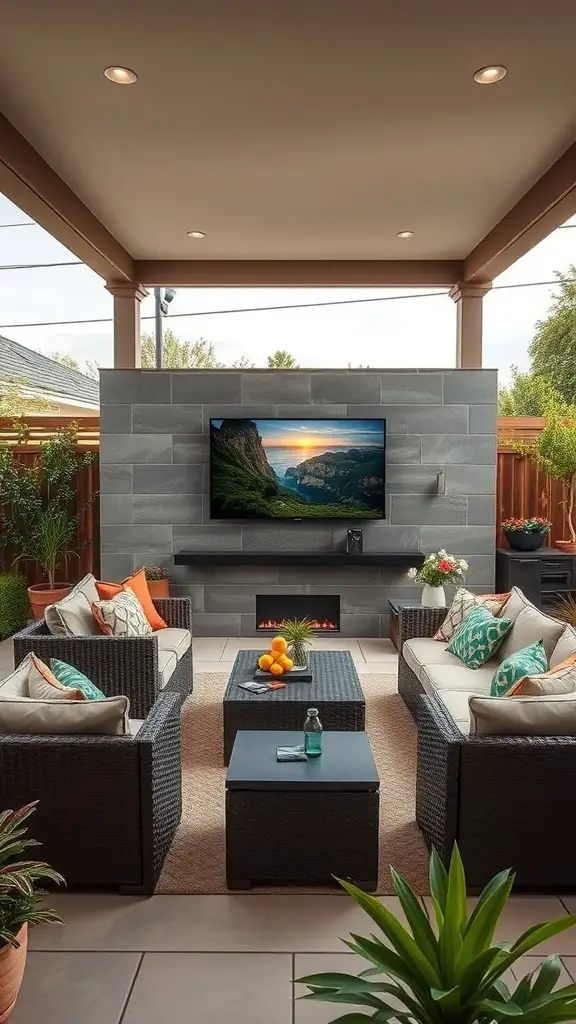 25+ Stunning TV Wall Ideas for Your Living Room 11 Outdoor living room with a TV wall, featuring wicker sofas, a stone backdrop, and plants.