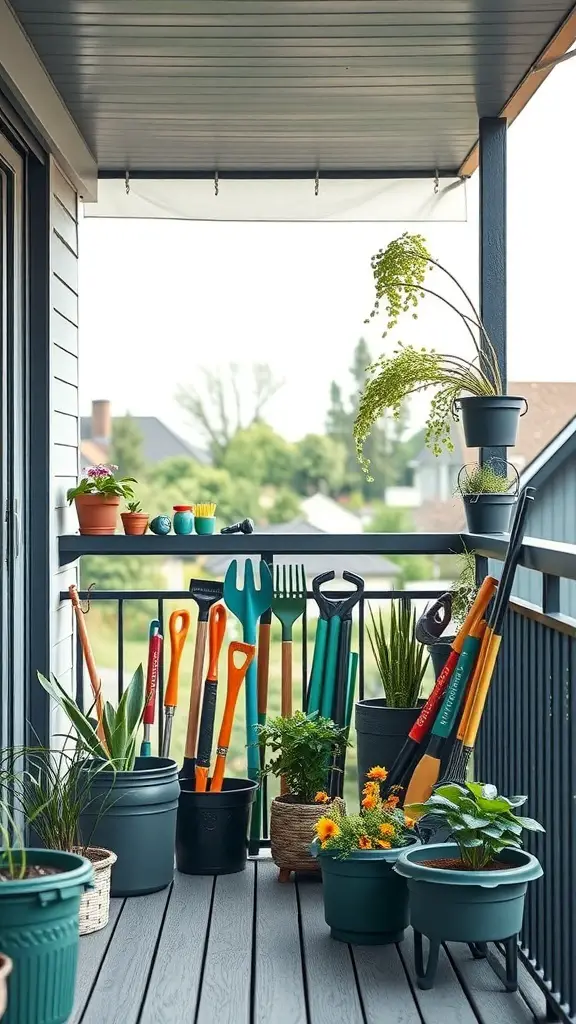 A well-organized balcony garden with tools and plants