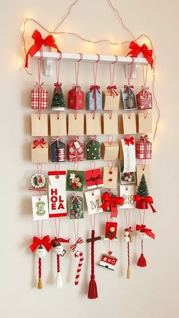 23+ Creative Christmas Crafts for Adults to Try This Holiday Season 6 A colorful DIY Advent calendar with small packages and decorations, featuring red ribbons and holiday themes.