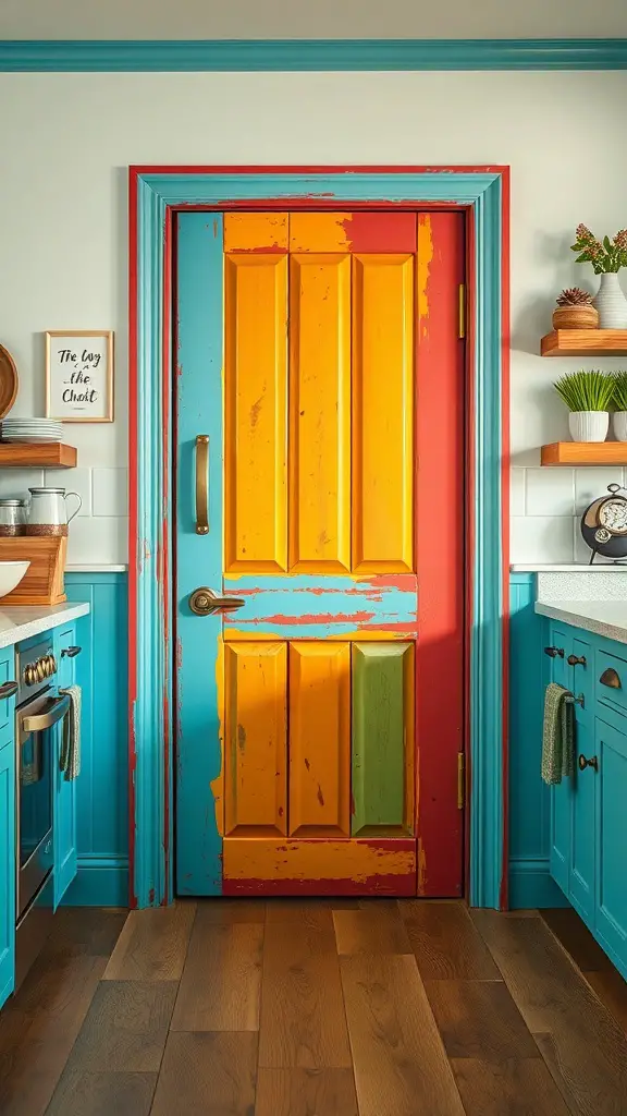 25+ Creative Pantry Door Ideas to Maximize Space and Style 6 A colorful pantry door painted in yellow, red, blue, and green, set in a bright kitchen with blue cabinets.