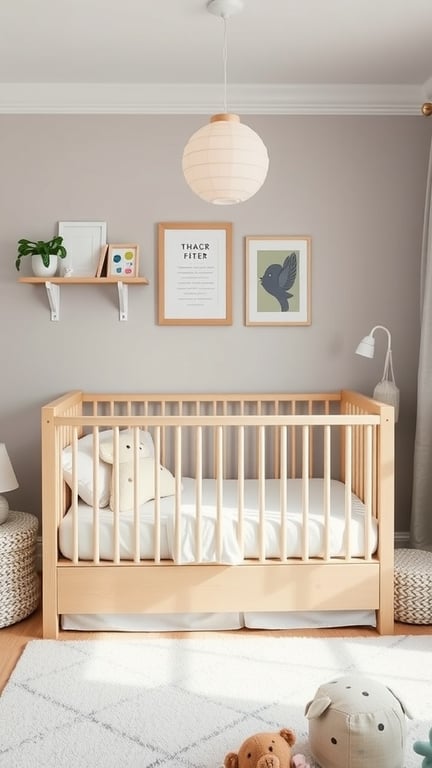 31+ Creative Small Nursery Ideas for Space-Saving Solutions 10 A cozy small nursery featuring a light wood crib, wall art, a shelf with decor, and soft lighting.