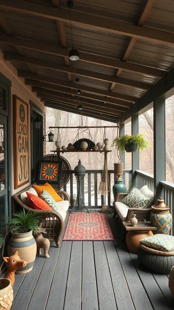 21+ Must-Have Features for Your Covered Deck Oasis 13 A cozy covered deck featuring comfortable seating, colorful cushions, decorative plants, and unique decor items.