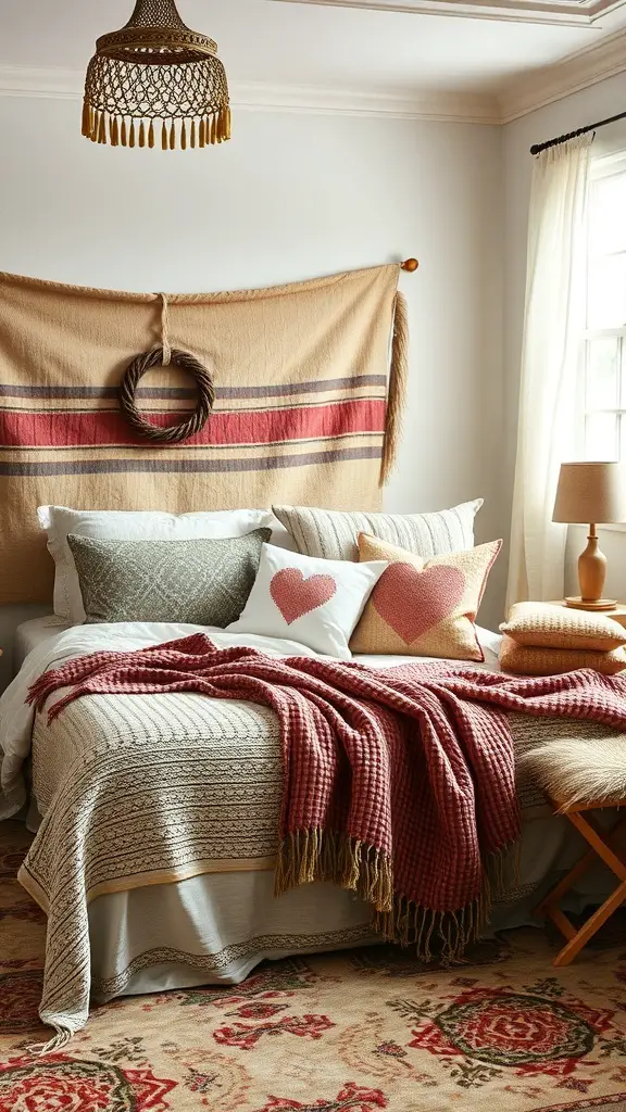 A cozy bedroom with layered textiles including blankets and pillows in neutral colors.