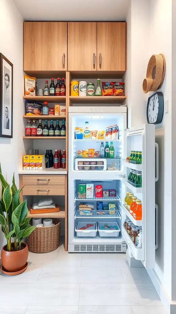 19+ Creative Small Corner Pantry Ideas to Maximize Your Space 9 A small corner pantry featuring a mini fridge, shelves with drinks, and a plant.