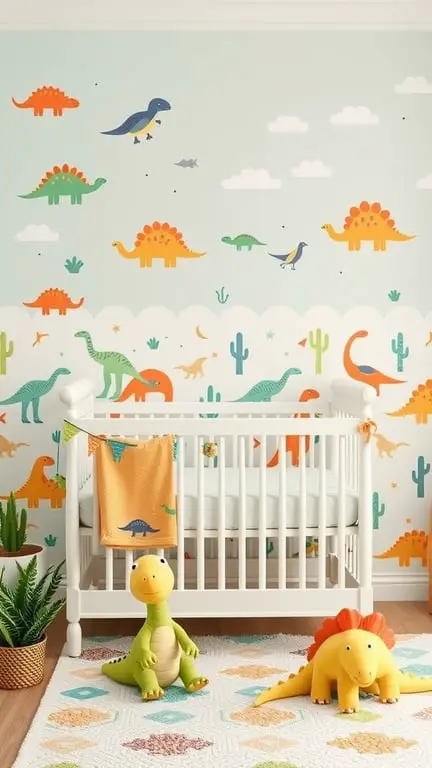 27+ Whimsical Baby Nursery Ideas for a Dreamy Space 16 A colorful nursery with dinosaur-themed wall decals, a crib, and plush dinosaur toys on the floor.