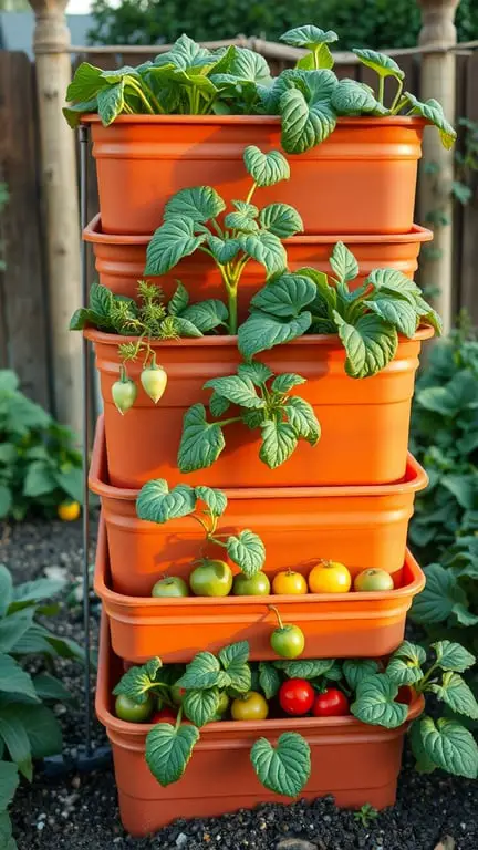 19+ Stunning Tiered Garden Ideas to Elevate Your Outdoor Space 17 A tiered vertical vegetable garden with orange pots filled with green plants and colorful tomatoes.