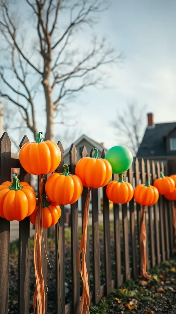 27+ Creative DIY Halloween Decorations You Can Make at Home 10 A row of orange pumpkin-shaped balloons hanging on a wooden fence with a green balloon.