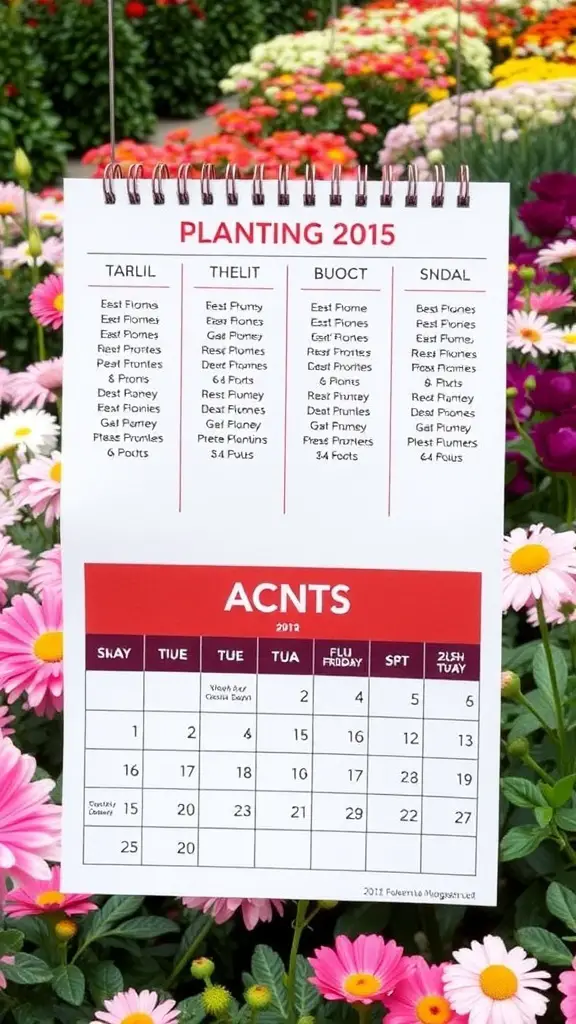 A colorful garden nursery filled with flowers and a planting calendar.