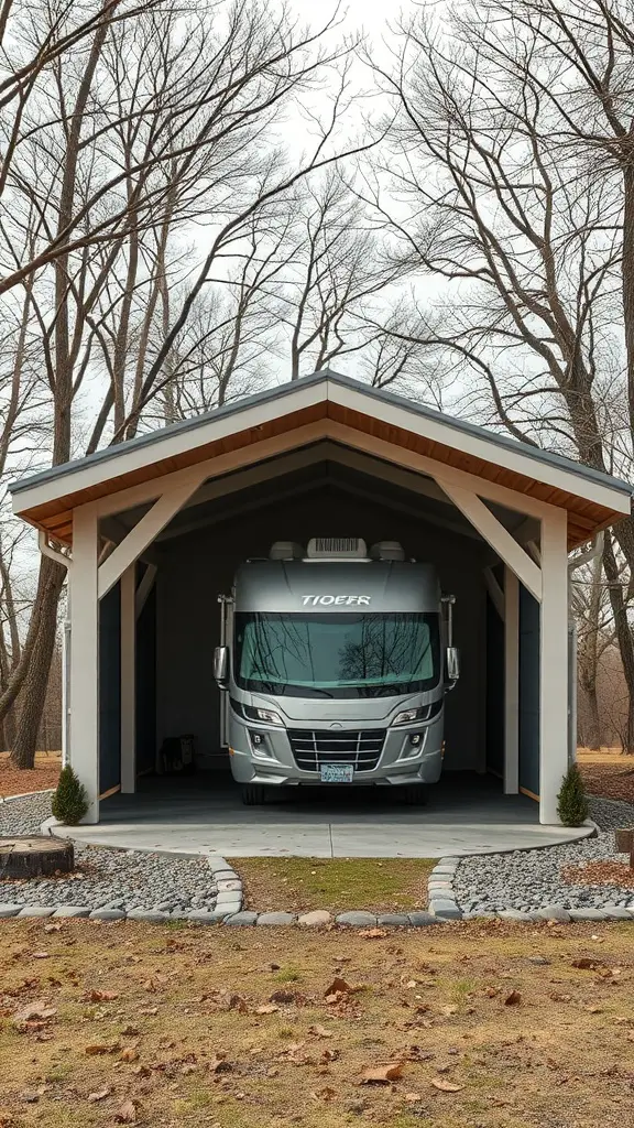 17+ Creative RV Shelter Ideas to Protect Your Home on Wheels 8 A custom-built RV shelter with a sleek RV parked inside, surrounded by trees and landscaped stones.