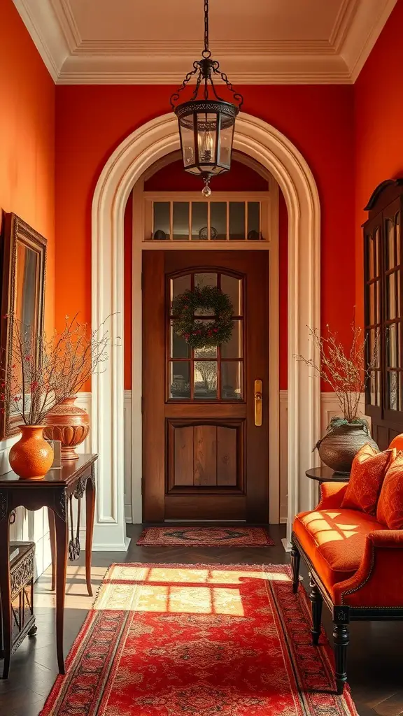 A cozy fall entryway with orange walls, a wooden door, and warm decor elements.