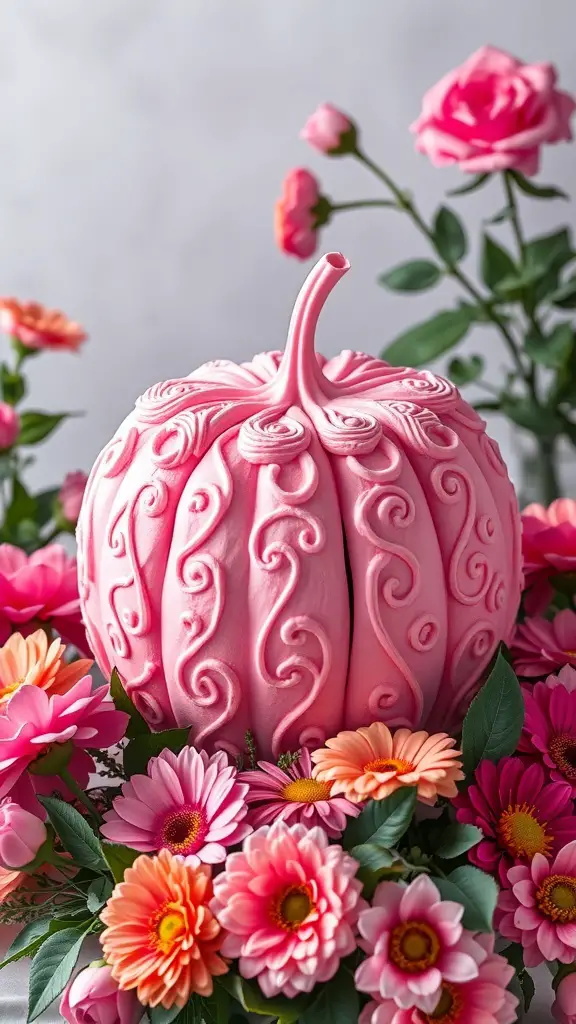 20+ Adorable Pink Pumpkin Baby Shower Ideas 9 A beautifully designed pink pumpkin cake surrounded by colorful flowers.