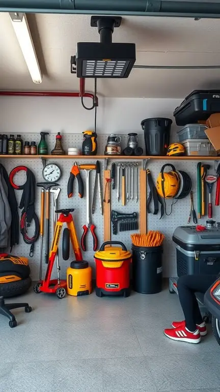 19+ Ultimate Garage Man Cave Ideas You Need to See 11 A well-organized garage with tools and equipment neatly stored on a pegboard.