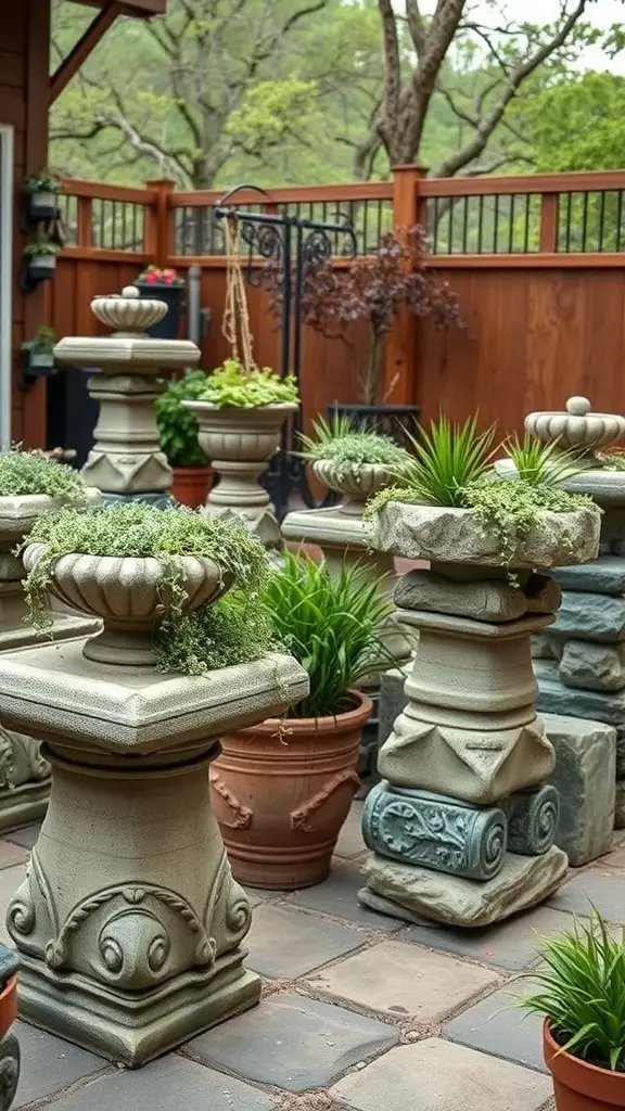 25+ Unique Plant Pot Designs You Need to Try 4 A collection of stacked stone planters filled with various plants in a garden setting.
