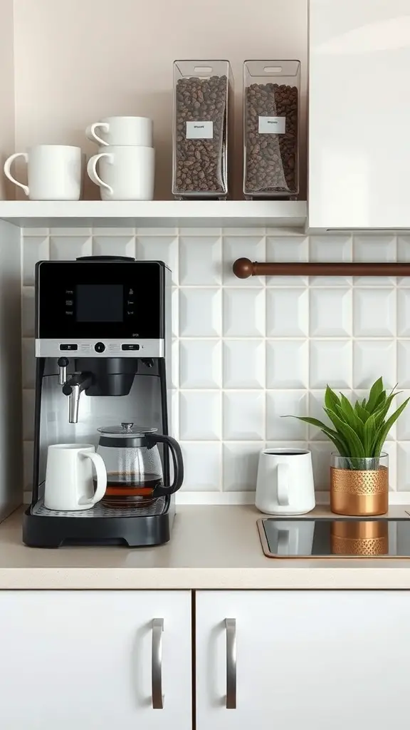 27+ Charming Small Coffee Bar Ideas to Transform Your Space 15 A compact kitchen coffee area featuring a coffee machine, mugs, and jars of coffee beans.
