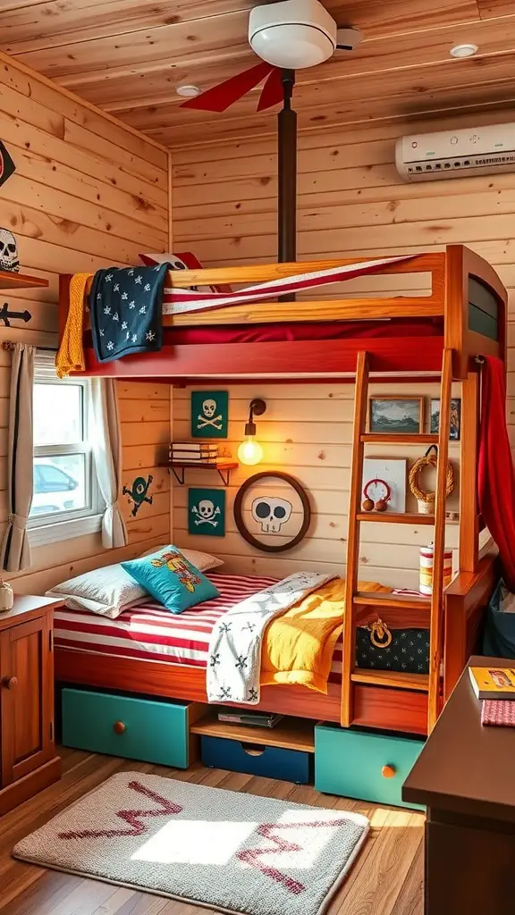 23 Creative Camper Bunk Bed Ideas for Your Next Adventure 9 A themed bunk bed designed like a pirate ship with red and white striped bedding, wooden accents, and playful pirate decor.