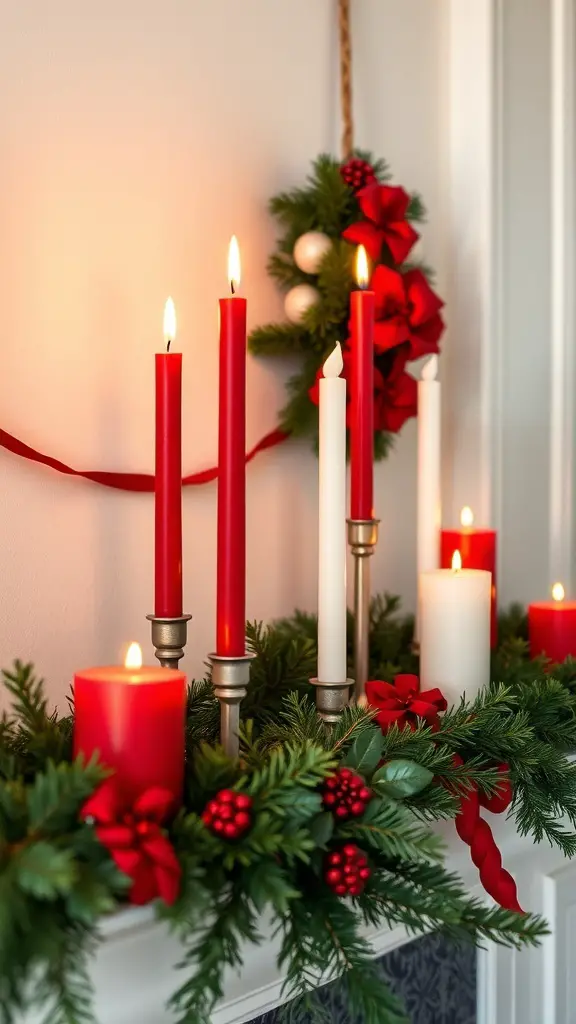 Red and white candle arrangements with greenery and festive decorations
