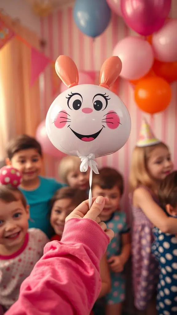 19+ Creative Balloon Decoration Ideas for Your Next Party 6 A child holding a bunny-shaped balloon with excited kids in the background