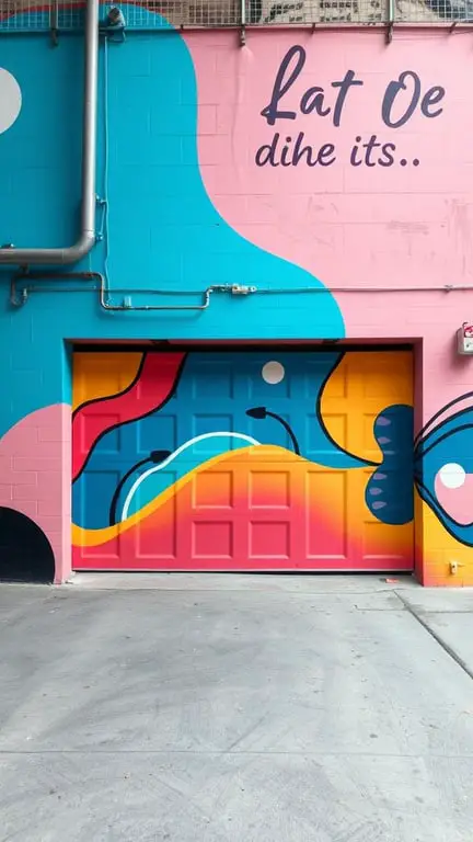 25+ Creative Garage Art Ideas to Transform Your Space 10 A colorful mural on a garage wall featuring bright pink, blue, and yellow shapes with text.