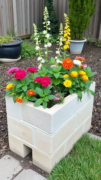 21 Creative Container Garden Ideas for Small Spaces 15 A cinder block planter filled with colorful flowers in a garden setting.