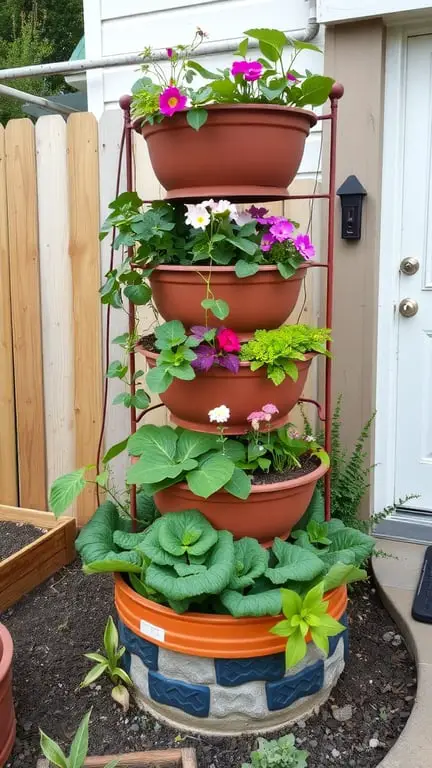 17+ Creative Mini Garden Ideas for Small Spaces 15 A stacked planter tower with colorful flowers and greens in terracotta pots.