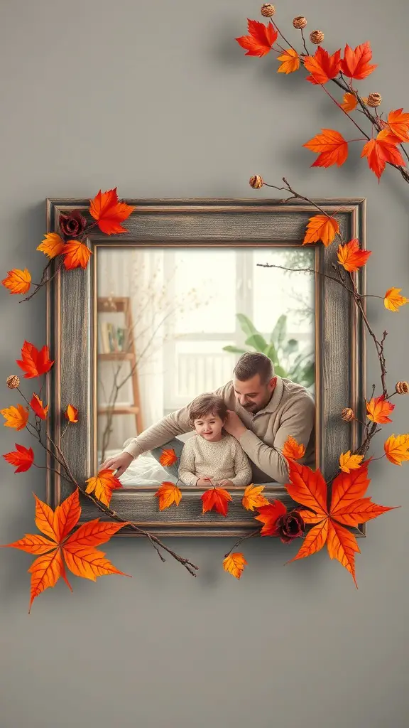 25+ Must-Try Fall Crafts for Adults 12 A photo frame decorated with autumn leaves, showcasing a parent and child inside.