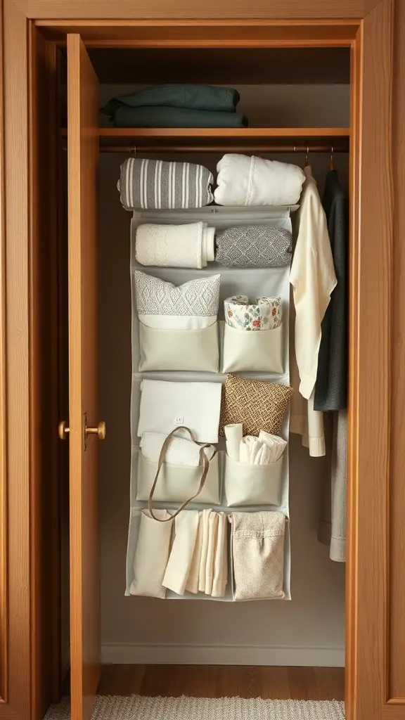 Over-the-door organizer filled with neatly arranged towels and linens in a closet