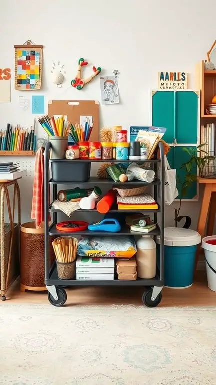 23+ Creative Toy Storage Ideas for a Clutter-Free Home 10 A rolling cart filled with art supplies, books, and toys, showcasing a colorful and organized space.
