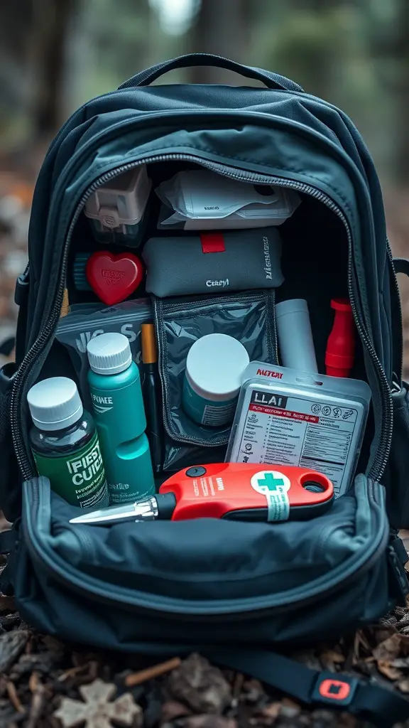 An organized emergency kit inside a backpack, featuring first aid supplies and personal care items.