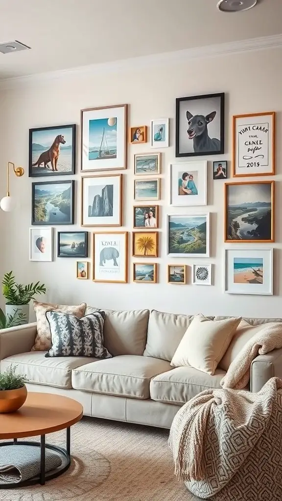 A cozy living room featuring a personalized gallery wall with various framed pictures.