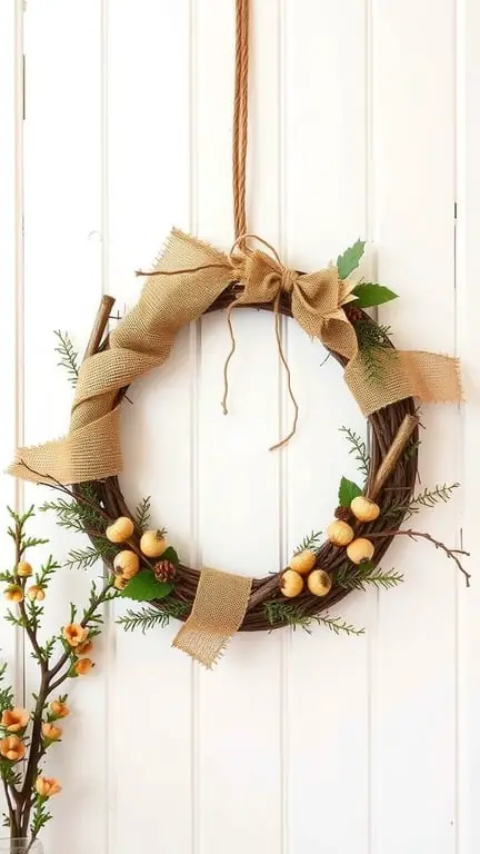 23+ Stunning Fall Wreath Ideas to Welcome the Season 11 A rustic farmhouse wreath made of twigs, burlap, and greenery, hanging on a white wall.