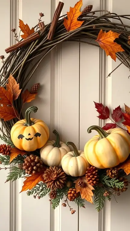 23+ Stunning Fall Wreath Ideas to Welcome the Season 12 A fall wreath featuring pumpkins, autumn leaves, and pinecones.
