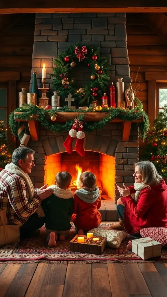 27+ Rustic Farmhouse Christmas Decor Ideas You’ll Love 18 A family gathered by a fireplace in a rustic cabin, celebrating Christmas with decorations and warmth.