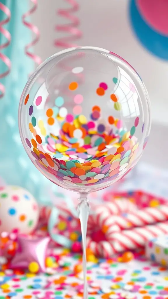 19+ Creative Balloon Decoration Ideas for Your Next Party 11 A glass filled with colorful confetti surrounded by festive decorations.