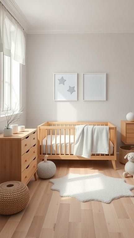 25+ Adorable Newborn Room Ideas to Inspire Your Nursery Design 9 A minimalist Scandinavian nursery featuring a wooden crib, dresser, and soft rug.