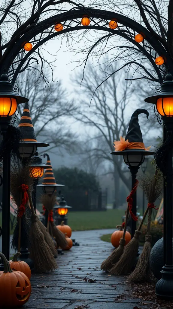 A spooky Halloween archway with orange lights, witch hats, broomsticks, and pumpkins.