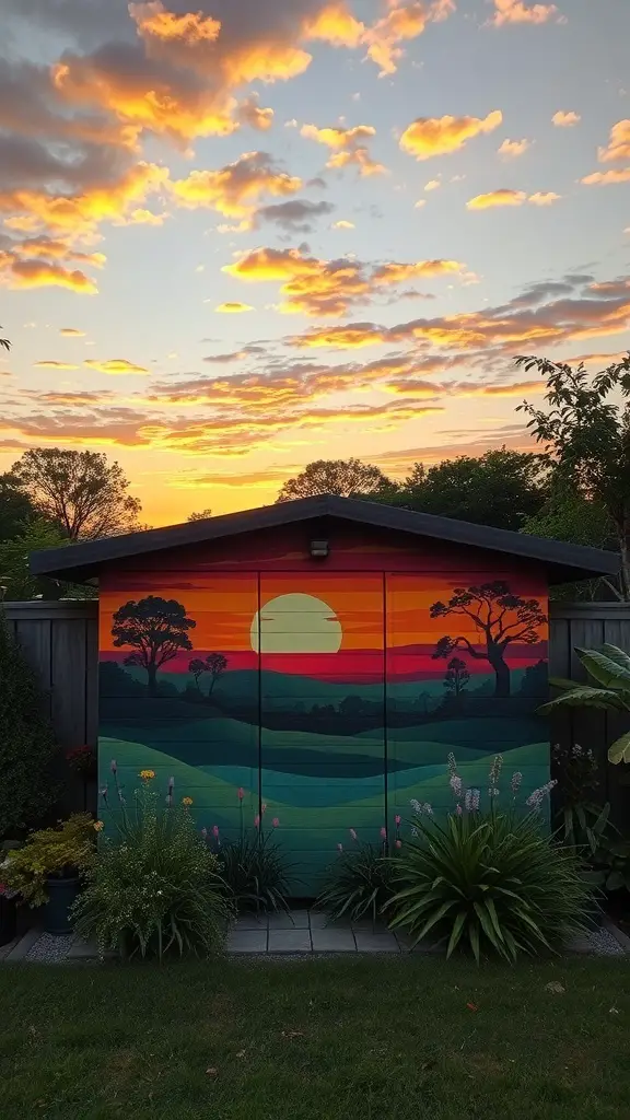 A garden shed mural depicting a colorful sunset with hills and trees.