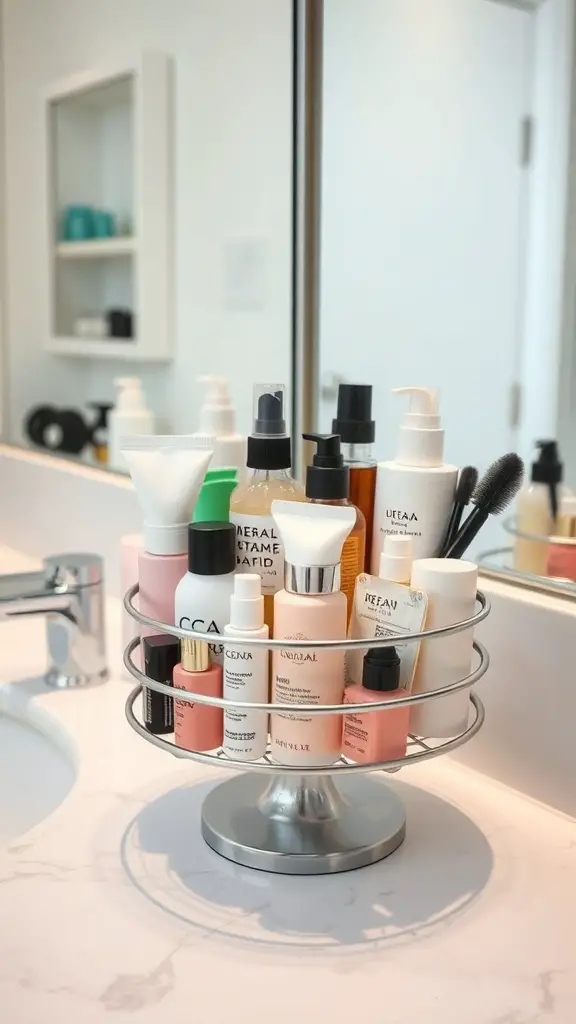 A rotating caddy filled with various skincare and beauty products on a bathroom countertop.